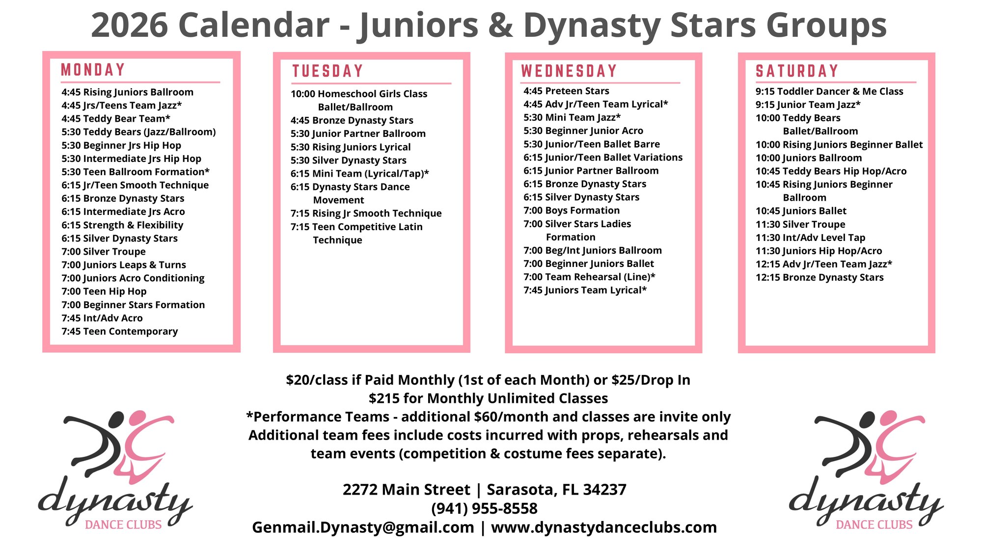 Juniors and Dynasty Stars group class calendar for August 2026, listing class times for Monday, Tuesday, Wednesday and Saturday